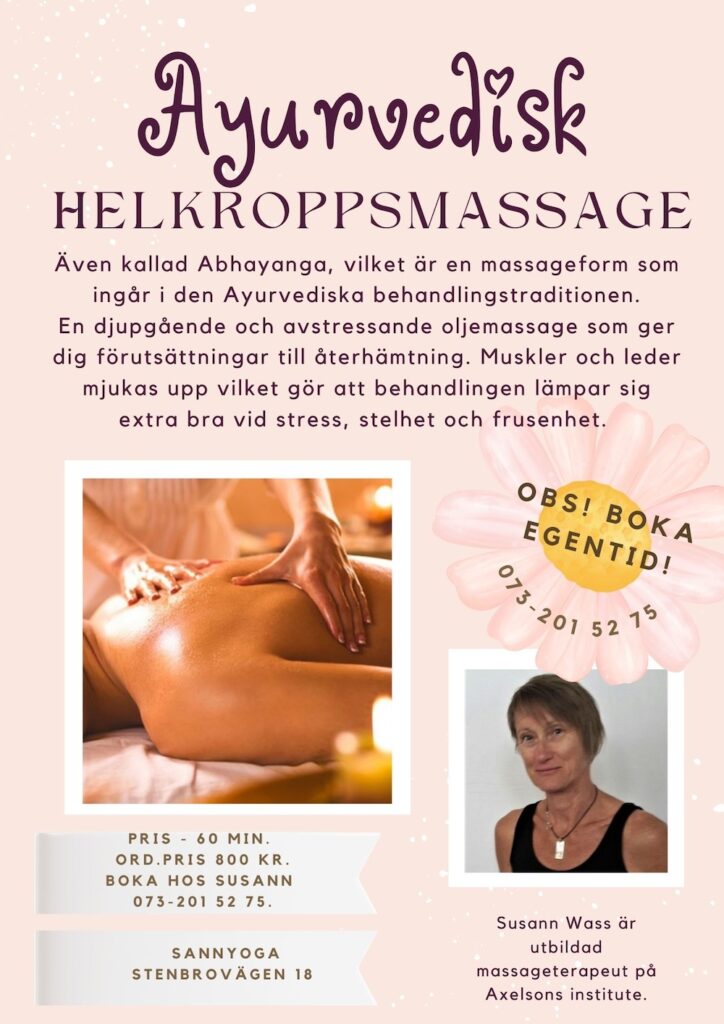 info om ayurvedisk oljemassage, text och foton visas